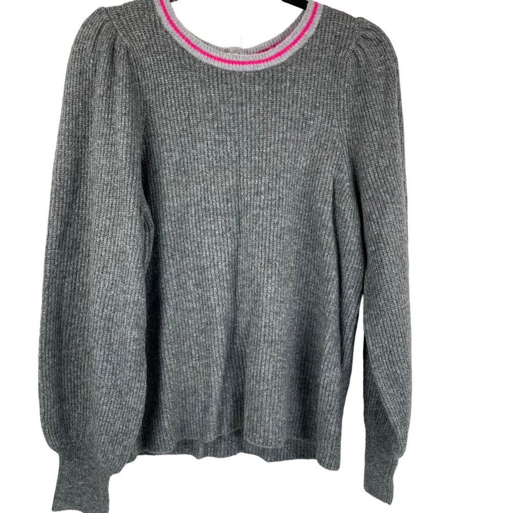 HALOGEN Gray/Pink Ribbed Crewneck Puff Shoulder Ballon Sleeve Sweater Size Large